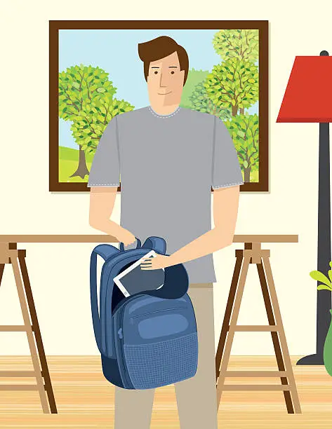 Vector illustration of Cartoon man Packing A tablet In A Backpack