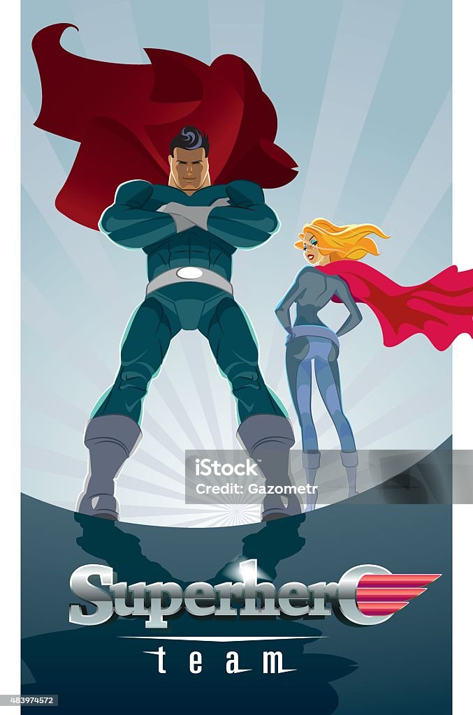 Superhero Couple: Male and female superheroes on a skyscraper ro Superhero Couple: Male and female superheroes on a skyscraper roof with sunlight city background Couple - Relationship stock vector