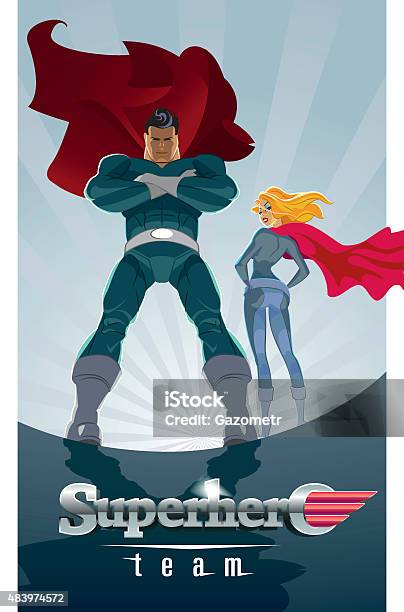 Superhero Couple Male And Female Superheroes On A Skyscraper Ro Stock Illustration - Download Image Now