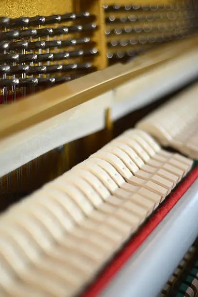 Part of a piano's internal mechanics is shown. Short depth of field.
