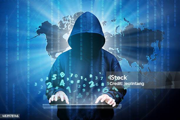 Computer Hacker Silhouette Of Hooded Man Stock Photo - Download Image Now - Threats, Internet, Cyborg