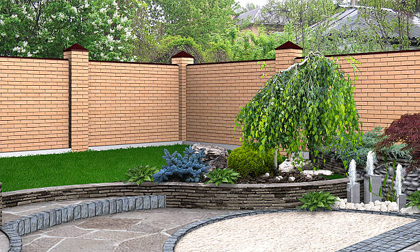 istock Landscaping small fountain plant groupings, 3D render 483978554