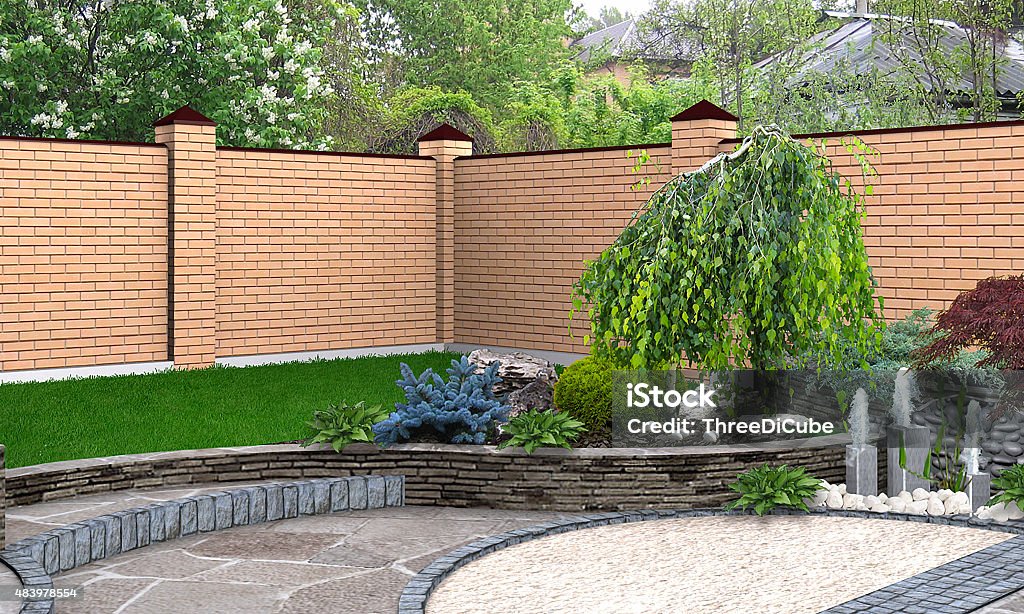 Landscaping small fountain plant groupings, 3D render Natural character of the site into the design. Green design features. 2015 Stock Photo