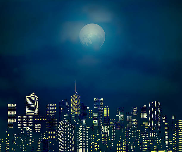 illustrazioni stock, clip art, cartoni animati e icone di tendenza di giallo chiaro di luna città - manhattan new york city night skyline