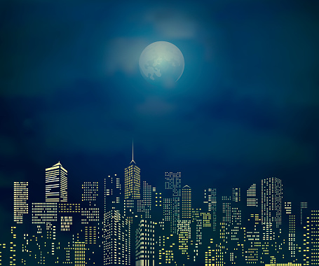 vector city skylines with cloudy moonlihgt