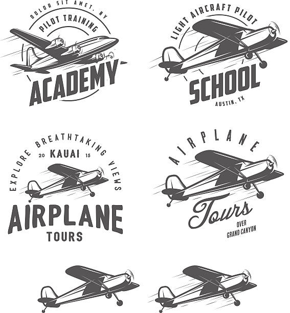 Light airplane related emblems, labels and design elements Light airplane related emblems, labels and design elements. air show stock illustrations