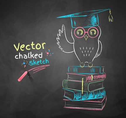 Vector color chalk drawing of owl sitting on books.