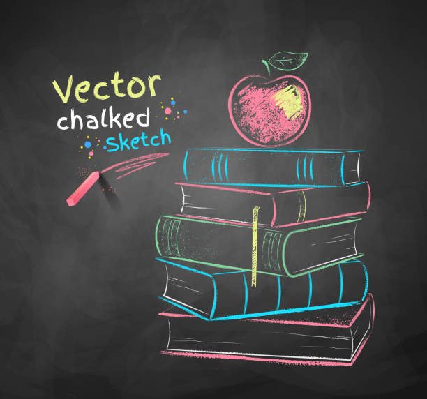 ilustrações de stock, clip art, desenhos animados e ícones de apple em livros - blackboard book education back to school