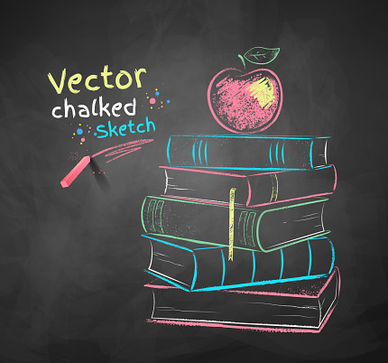 Vector color chalk drawing of apple on books