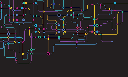 Digital background with colorful network dots and lines on black