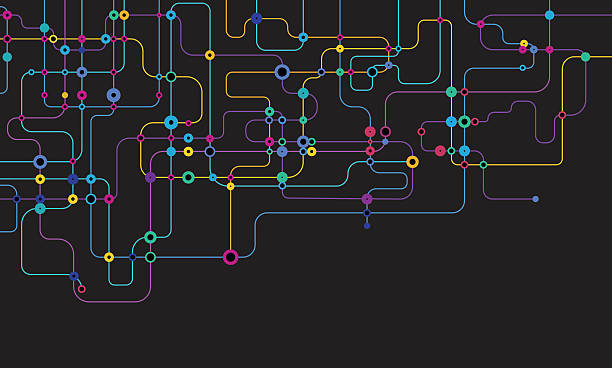 Network background Digital background with colorful network dots and lines on black node data stock illustrations