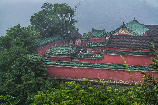 Ngong Ping Village, Hong Kong: aerial view of Ngong Ping and Po Lin Monastery, a popular tourist attraction in Lantau Island.