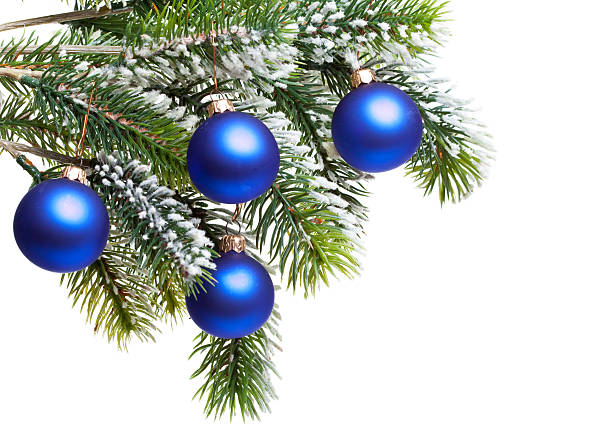 istock Dark blue New Year's balls on a snow-covered branch 483985366