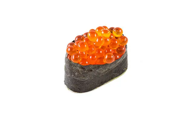 Gunkan maki with salmon caviar (Ikura) isolated on white background