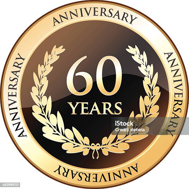 Шестьдесят Лет Юбилей Shield — стоковая векторная графика и другие изображения на тему 60th Anniversary - 60th Anniversary, Печать - штамп, Золото