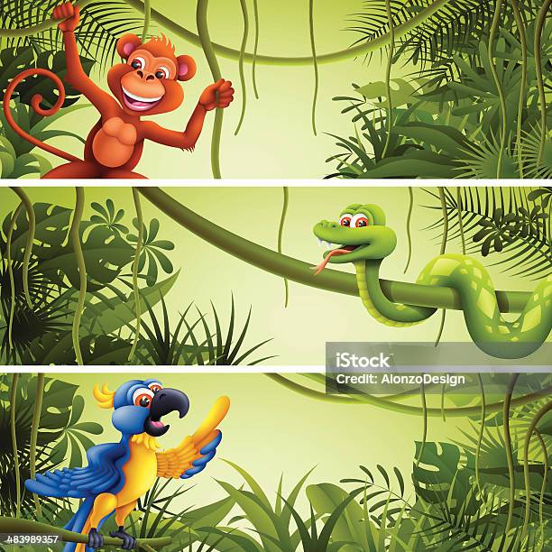 Selva Banners Com Animais Selvagens - Arte vetorial de stock e mais imagens de Floresta pluvial - Floresta pluvial, Banda desenhada - Produto Artístico, Animal