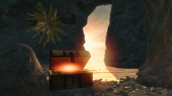 Fantasy island with pirate treasure chest.