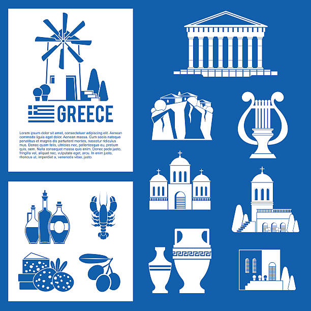 ilustrações, clipart, desenhos animados e ícones de grécia marcos históricos e culturais com conjunto de ícones do design. - amphora ancient past greece