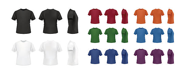 illustrations, cliparts, dessins animés et icônes de t-shirt de modèle coloré feu, avant, arrière et une vue côté. - vue de face