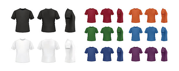 t-셔츠 형판 색상화 세트, 전면, 후면, 측면 전망을 감상할 수 있습니다. - t shirt men template clothing stock illustrations