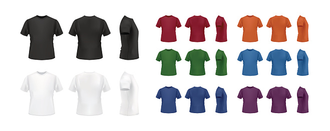 T-shirt template colorful collection isolated on white background, vector eps10 illustration. Front view, back view and side view of t-shirt.