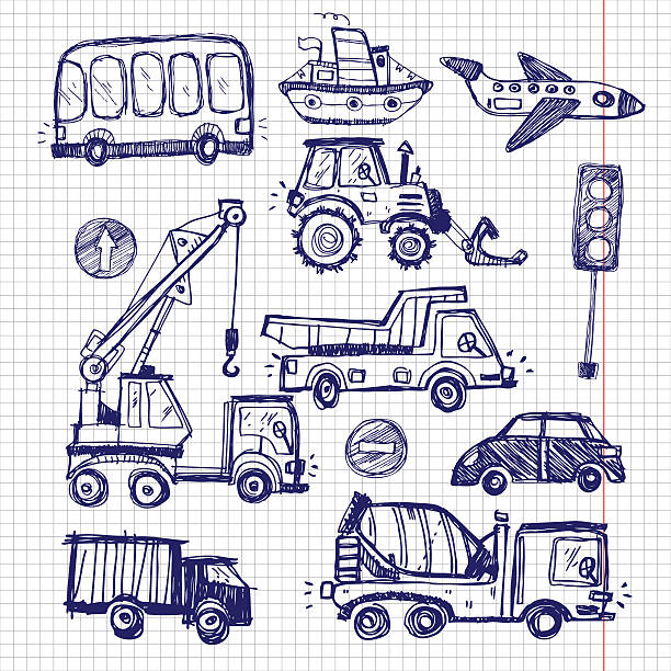 baby cars set. funny baby toys. vector doodle collection baby cars set. funny baby toys. vector doodle collection of hand drawn icons transport for baby film trailer music stock illustrations