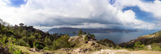 Lake Toba Panorama with Church. stock photo