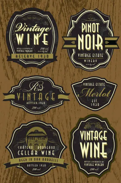 Vector illustration of Set of vintage wine labels on oak background