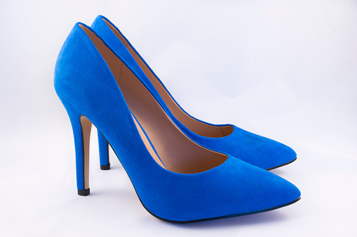 A pair of Blue High Heel Shoes on White Background 