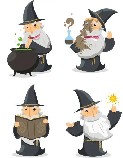 Vector illustration of Magic Witch Wizard in action With long white magician beard