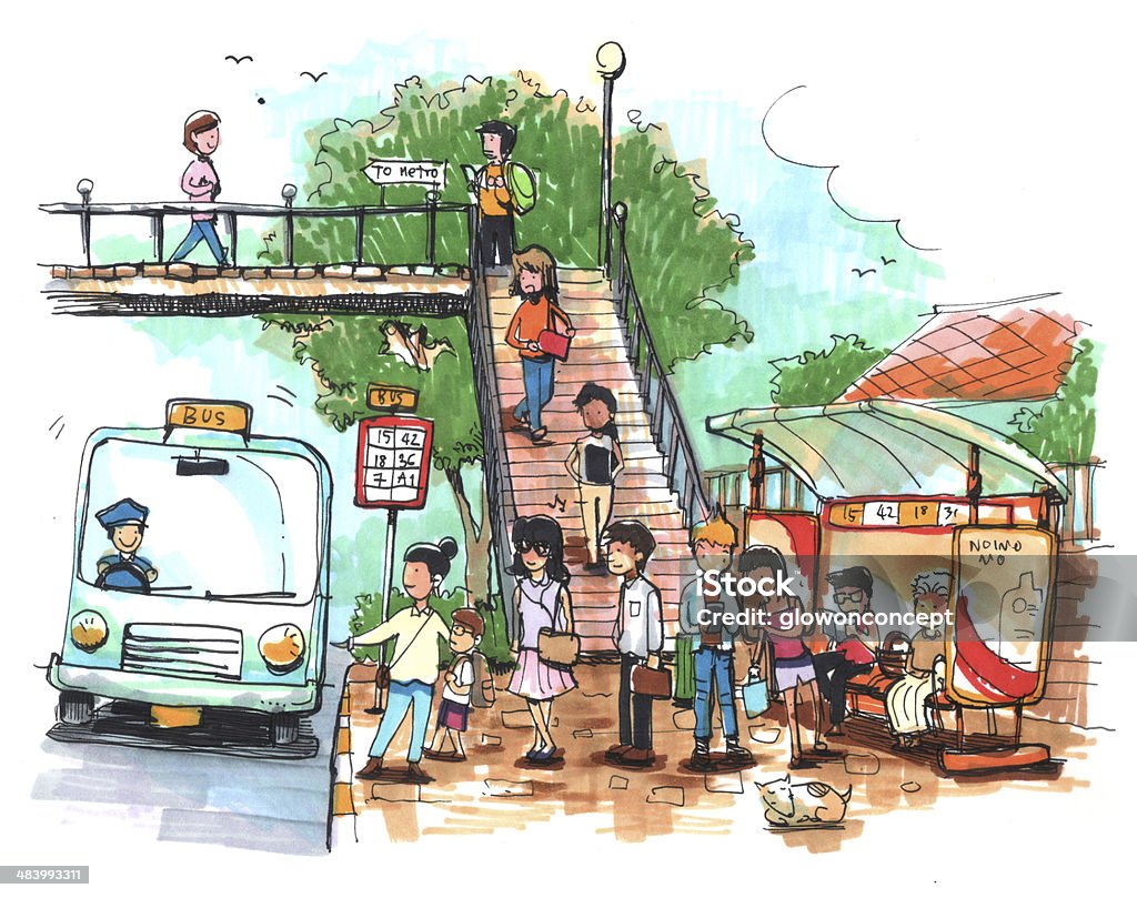 Bus stop, public transportation cartoon drawing Activity stock illustration