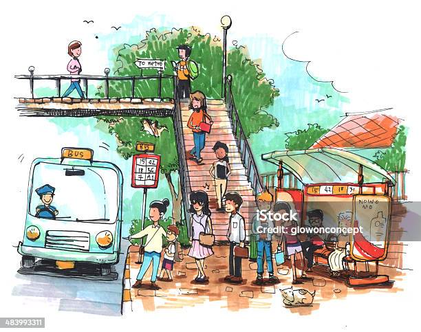 Bus Stop Public Transportation Cartoon Drawing Stock Illustration - Download Image Now - Activity, Adult, Blue