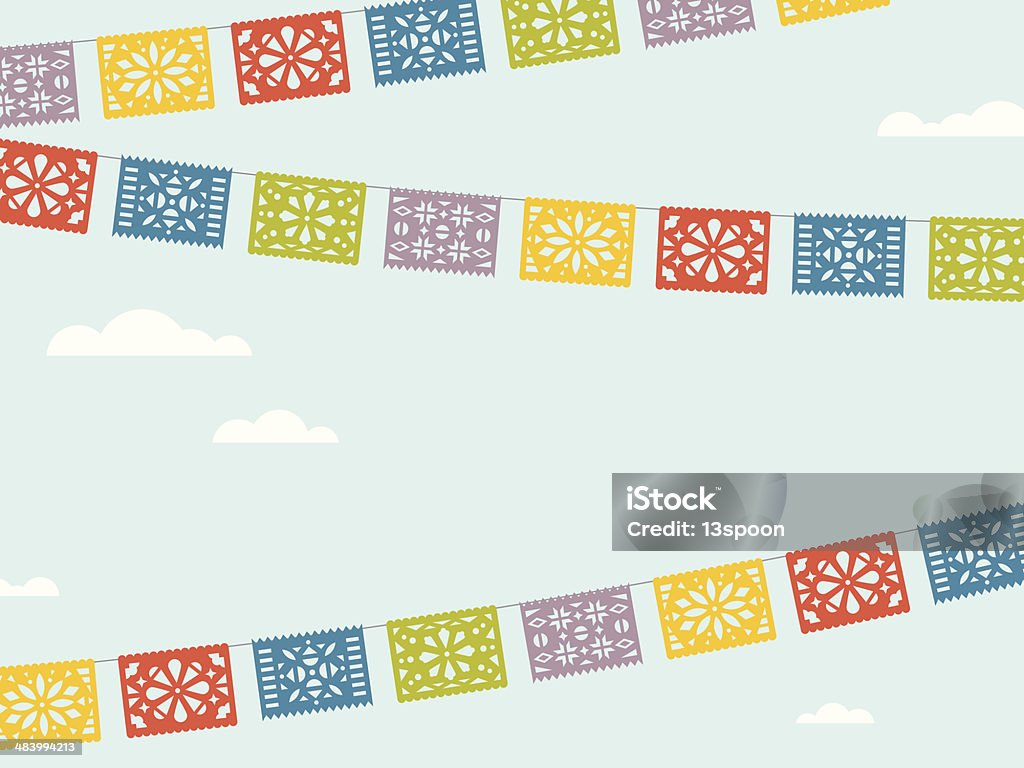 Flying Fiesta Flags Intricate and colorful papel picado banners wave in the sky above a fun fiesta outside on a beautiful day Papel Picado stock vector