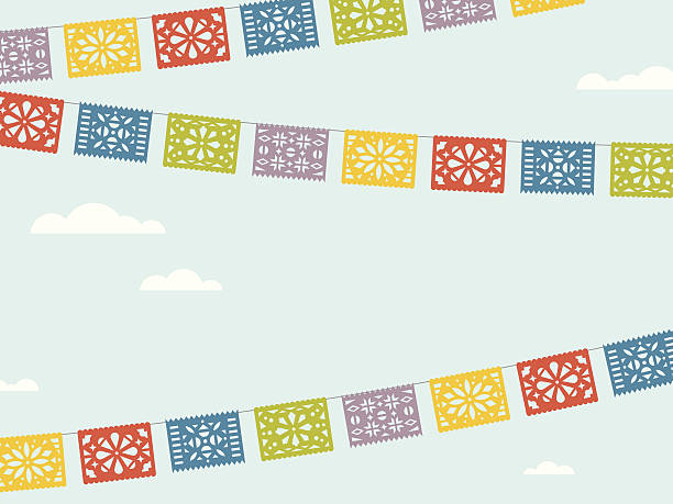 Flying Fiesta Flags Intricate and colorful papel picado banners wave in the sky above a fun fiesta outside on a beautiful day papel picado illustrations stock illustrations