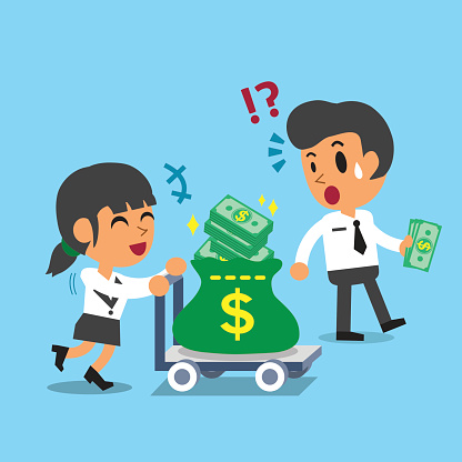 Cartoon Businesswoman Pushing Money Trolley And Businessman Carrying Some  Money Stock Illustration - Download Image Now - iStock