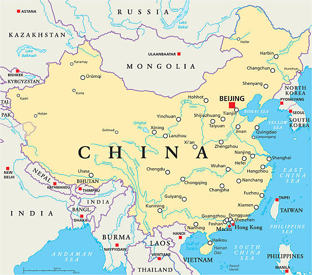 China Political Map China political map with capital Beijing, national borders, important cities, rivers and lakes. English labeling and scaling. Illustration. cartography beijing map china stock illustrations