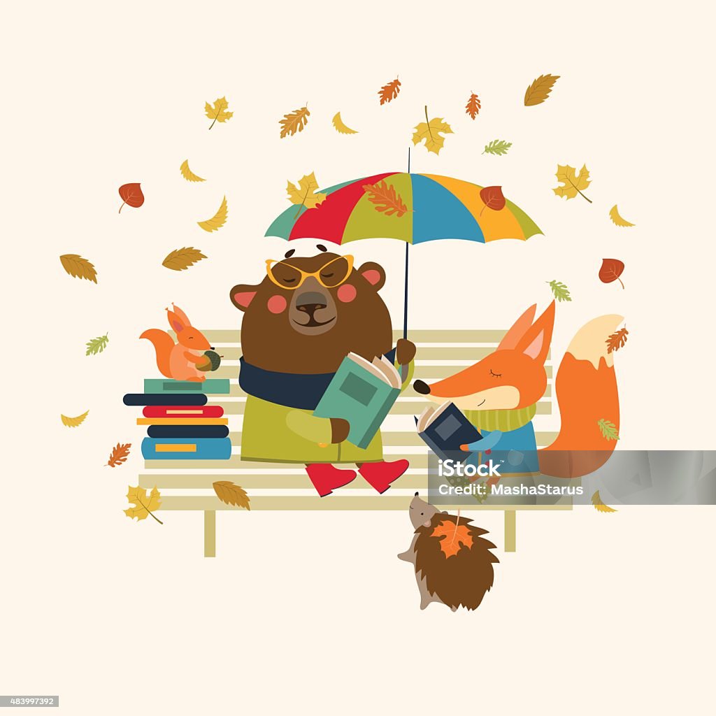 Cute fox and funny bear reading books on bench Fox,bear, hedgehog and little squirrel reading books on bench. Vector isolated illustration Autumn stock vector