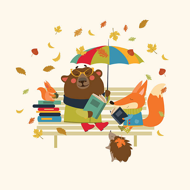 Cute fox and funny bear reading books on bench Fox,bear, hedgehog and little squirrel reading books on bench. Vector isolated illustration drop bear stock illustrations