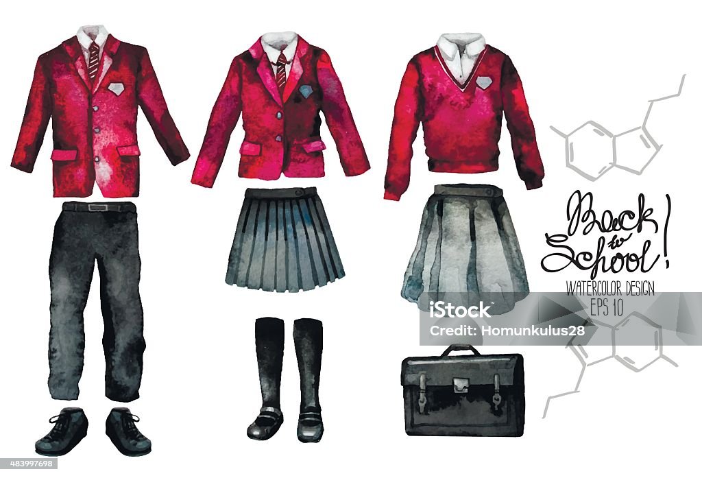 Watercolor school uniform set in red color Back to school collection. Watercolor school uniform set isolated on white background. Female and male outfit in red color School Uniform stock vector