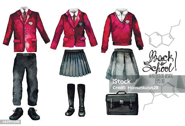 Watercolor School Uniform Set In Red Color Stock Illustration - Download Image Now - School Uniform, 2015, Adolescence