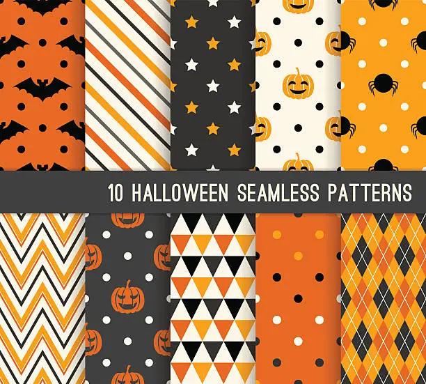 Vector illustration of Ten Halloween different seamless patterns.