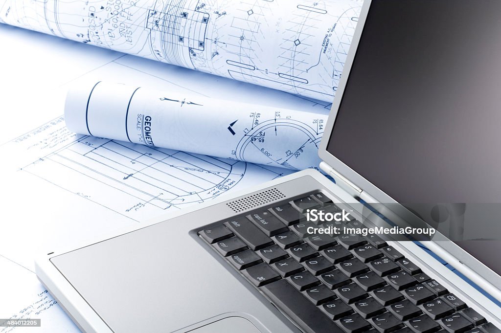 건축설계사 청사진 및 컴퓨터 - 로열티 프리 0명 스톡 사진