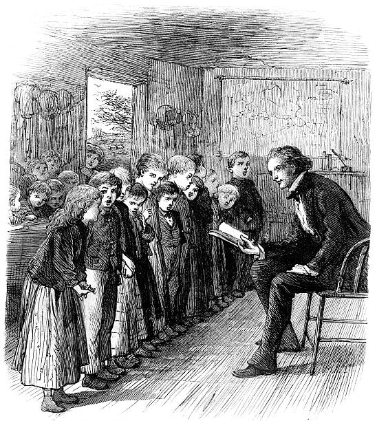 School Scene Engraving of a school scene from "The District School" by Benjamin F. Taylor in 1874. The engraving is now in the public domain. schoolhouse stock pictures, royalty-free photos & images