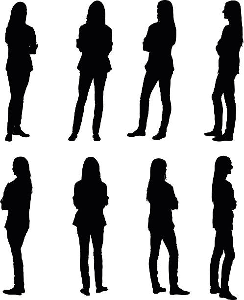 ilustraciones, imágenes clip art, dibujos animados e iconos de stock de múltiples imágenes de una mujer con los brazos cruzados - woman silhouette