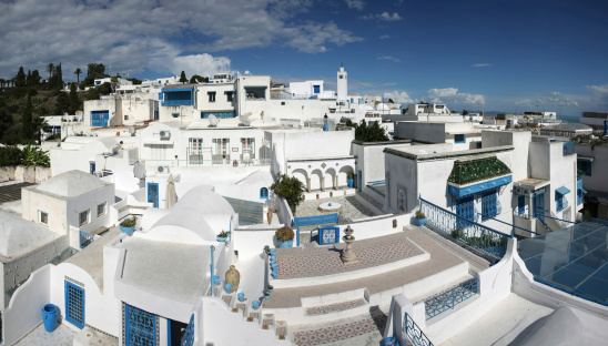 A view of Sidi Bou Said,Tunisia. Sidi Bou Said is a town in northern Tunisia known for the use of blue and white in it's architecture.