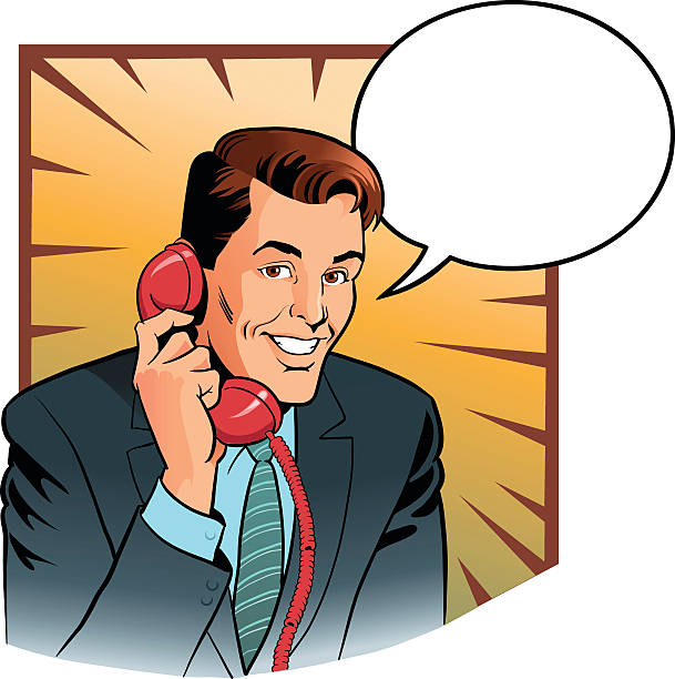 illustrazioni stock, clip art, cartoni animati e icone di tendenza di uomo sul telefono con nuvoletta - customer service representative on the phone retro revival office