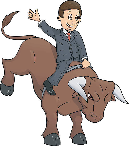 geschäftsmann ist auf bull 2 - rodeo bull bull riding cowboy stock-grafiken, -clipart, -cartoons und -symbole