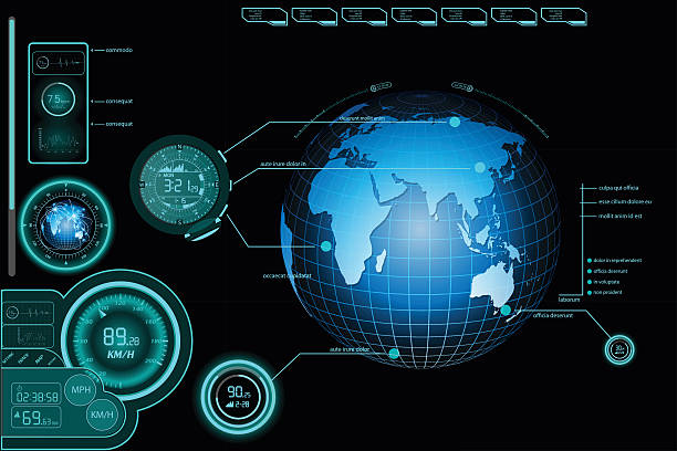 ilustrações, clipart, desenhos animados e ícones de interface futurista hud world.vector elementos com azul - computer network television broadcasting earth globe