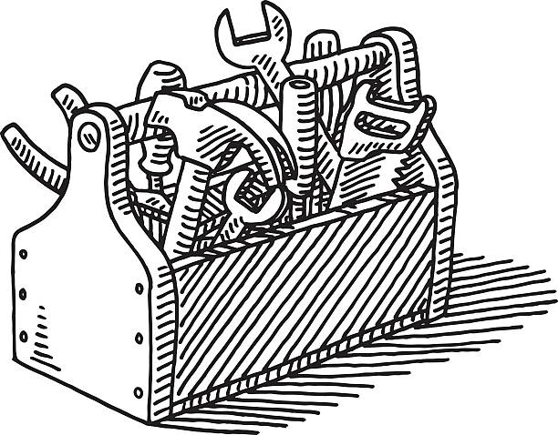 hölzerne toolbox zeichnung - werkzeugkoffer stock-grafiken, -clipart, -cartoons und -symbole