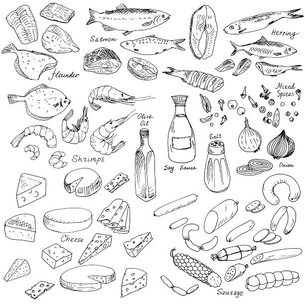 illustrazioni stock, clip art, cartoni animati e icone di tendenza di pesce e carne, formaggio set di cibo - food meat doodle dairy product